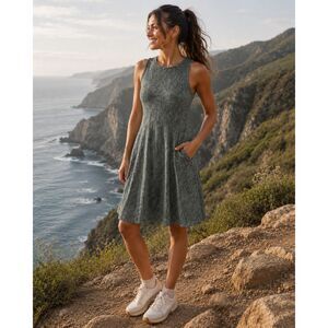 Athleta Santorini Thera Printed Dress, Mojave Laurel Olive Medium Active Hiking